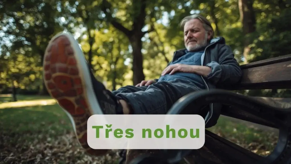 Třes nohou u muže, co odpočívá na lavičce v parku.